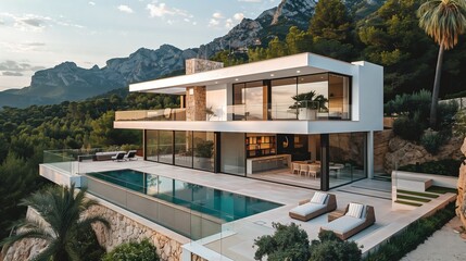 Fototapeta premium White house with a pool, surrounded by trees, under a cloudy sky