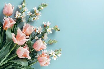 Bouquet of beautiful spring flowers on pastel blue table top view. Greeting card for International Women Day. Flat lay.