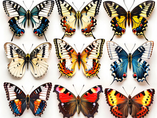 collection of butterflies on white