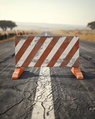 Road barrier on a cracked asphalt surface.