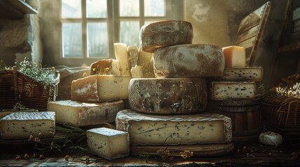 Atmospheric photo of various artisan cheeses stacked in a rustic setting with natural light filtering through a window