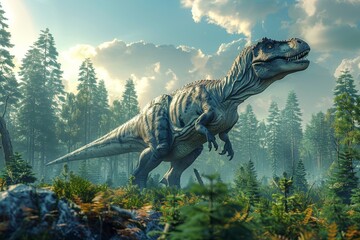 A stunning, realistic portrayal of the mighty Tyrannosaurus Rex standing in a misty forest environment, roaring as it displays dominance