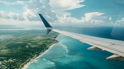 Fototapeta premium View from a plane window of a wing over an island with turquoise ocean, white clouds in the blue sky