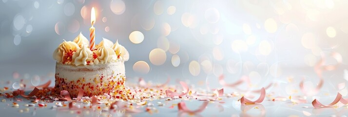 Small white birthday cake with a single lit candle, cream toppings, colorful sprinkles, and falling confetti on a reflective surface with a soft bokeh background - Powered by Adobe