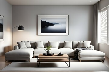 Fototapeta premium Minimalist living room. furniture has a modern and minimalist design, with a sofa