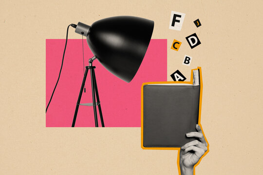Composite collage picture image of hand hold read book lamp light library weird freak bizarre unusual fantasy billboard