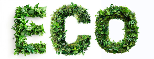 eco text e c o letter made of green leaves, concept of design element symbol icon logo for sustainable ecological business ecolabel