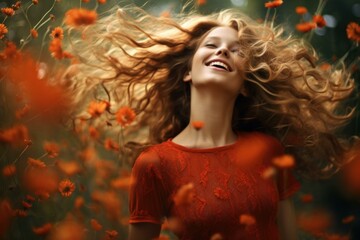Naklejka premium Joyful young woman with flowing hair surrounded by vibrant orange blossoms