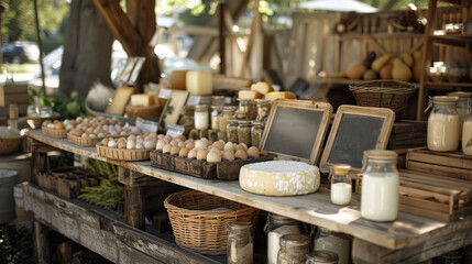 Rustic farmhouse pantry stocked with dairy products and eggs. Shelves with jars of homemade farm-fresh milk