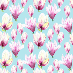 Seamless pattern of watercolor Magnolia pink blooming flowers. Botanical hand painted floral elements. Hand drawn illustration. On blue background. For fabric, wrapping paper, wallpaper print decor