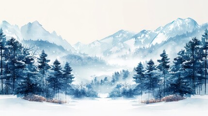 Obraz premium Winter forest with fog in the foreground. Watercolor illustration