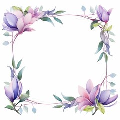 Fototapeta premium magnolia themed frame or border for photos and text. purple and blue blooms.. watercolor illustration, Wedding Invitation, floral invite card, olive floral and magnolia frame print.