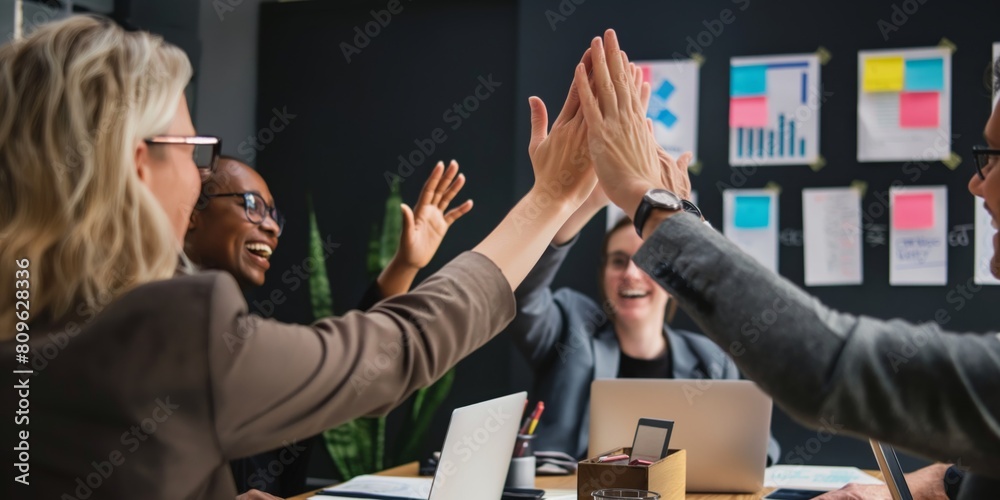 Wall mural professionals in a business setting energetically give high-fives in a collaborative celebration of 