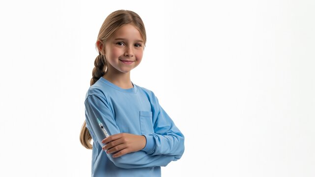 Kleines S&uuml;&szlig;es lachendes M&auml;dchen beim Arzt erh&auml;lt Impfung
