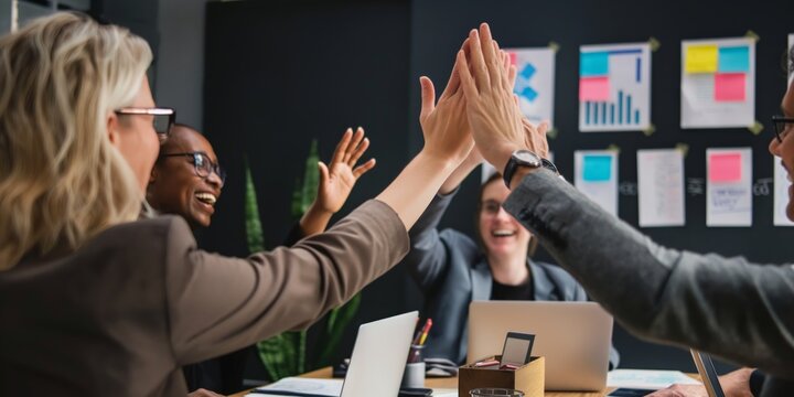 Professionals in a business setting energetically give high-fives in a collaborative celebration of success