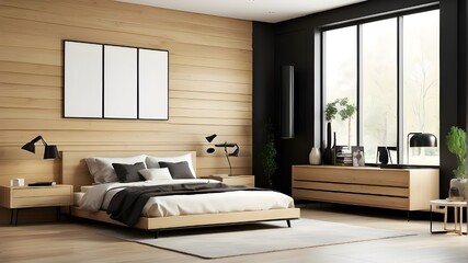 Modern living room interior with oak paneling on a white wall above a black sideboard. Modern bedroom featuring a dresser. interior design with a poster. AI-generated 3D rendering 