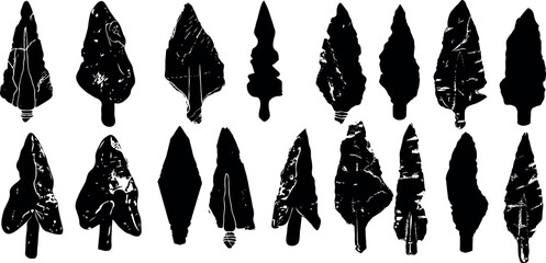 Stones Arrowheads Artifacts Symbols Icons Black Silhouettes Set Vector Collection. Collecting Flintknapping Stone Tools. Native American Legacy