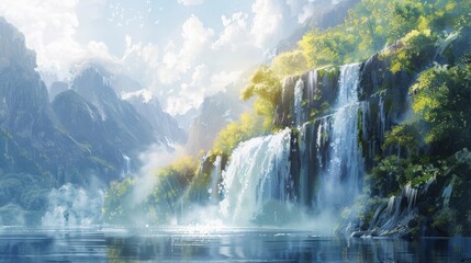 Watercolor style wallpaper waterfalls cascade from rocky cliffs, their crystalline waters glistening in the sunlight.