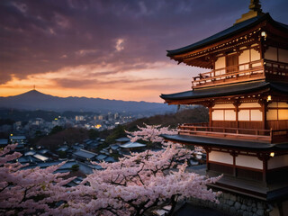 Kyoto Twilight, Kiyomizu-dera Temple Aglow with Cherry Blossoms in Spring.
