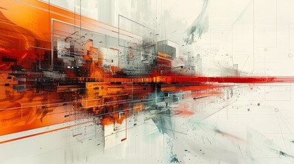 Abstract city on white background with bright orange, red, and blue shapes.