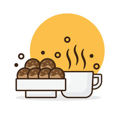 Illustration of Mochi and Hot Tea. Vector Illustration in Cartoon Style