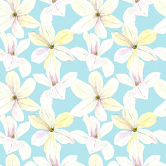 Obraz premium Seamless pattern of watercolor white Magnolia blooming flowers. Hand drawn illustration. Botanical hand painted floral elements. On blue background. For print decoration, fabric, wallpaper wrapping