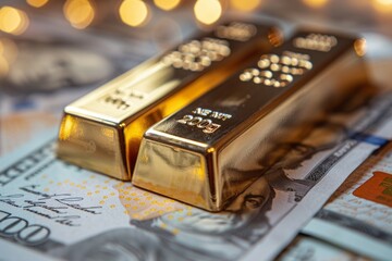 Pieces of gold lie on the background of money.