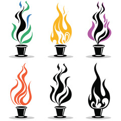 Set six stylized flames various colors emanating plant pots, representing combustion fire. Flaming pots appear shades green blue, orange, yellow, purple, red, monochrome. Graphic style simple