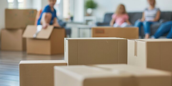 Unpacked cardboard moving boxes in the foreground with a family settling in the blurry background in their new home