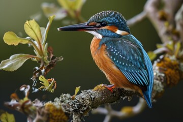 Cute kingfisher sitting on a branch in nature, kingfisher with blue feathers sitting on a thin branch against nature, AI-generated