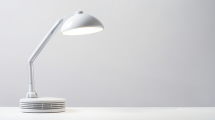 a modern desk lamp with a flexible neck on a white surface, casting a soft shadow