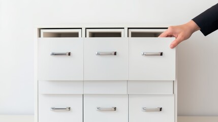 A hand reaches towards a sleek white filing cabinet with multiple drawers and silver handles against a plain white background.