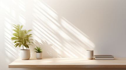 Fototapeta premium indoor setting with two potted plants and a stack of books on a wooden shelf shadows from window blinds.