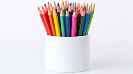 a colorful collection of colored pencils standing upright in a white cup white background.