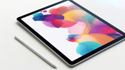 a vibrant abstract artwork on drawing tablet paired with a stylus, against a stark white backdrop.
