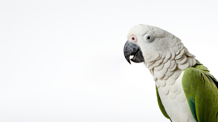 Obraz premium a close-up of a parrot with white and green feathers, a black beak, and an intense gaze, set against a stark white background.