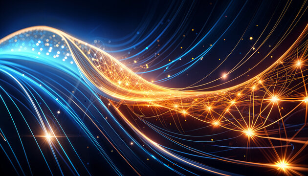 visualization of particle, quantum bits of pathways, abstract background, technology, networks of strings