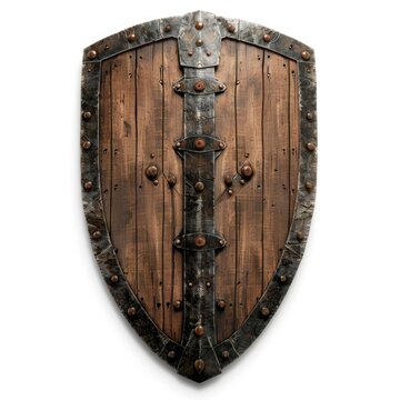  3D Render Vintage Style Wooden Shield Isolated on White Background.