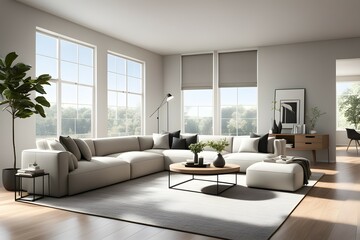 Fototapeta premium Minimalist living room. furniture has a modern and minimalist design, with a sofa
