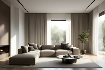 Fototapeta premium Minimalist living room. furniture has a modern and minimalist design, with a sofa