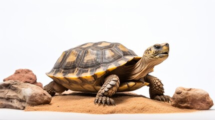 Obraz premium a tortoise with a detailed shell and scales, on a sandy surface surrounded by rocks, against a white background