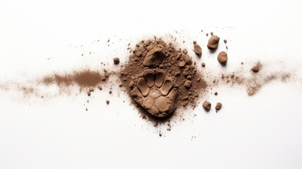 An animal paw print in brown dirt on a white background