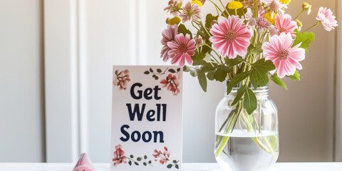 A 'Get Well Soon' greeting card is displayed among a lively bouquet of pink flowers in a glass vase with soft lighting