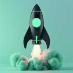 A 3D icon featuring a futuristic black rocket with neon green trim, blasting off with dynamic energy, against a pastel mint background, AI Generative