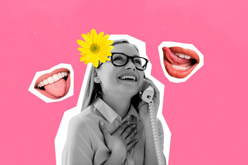 Composite collage picture image of phone call talk mouth tongue out stick puzzle flower nature...