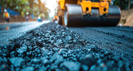 New Asphalt Road Construction. Road Workers and Construction Machinery on the Construction Site
