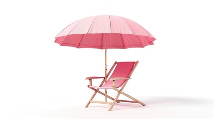 Pink Beach Chair Under Umbrella, Summer Holidays.