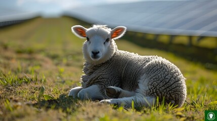 Obraz premium Sheep Grazing by Solar Panels in Mountainous Landscape