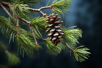 Fototapeta premium Close-up of a pine cone attached to a green pine branch with a blurred blue background