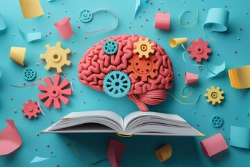 Creative brain made of cogs and colorful abstract shapes coming out of open book.